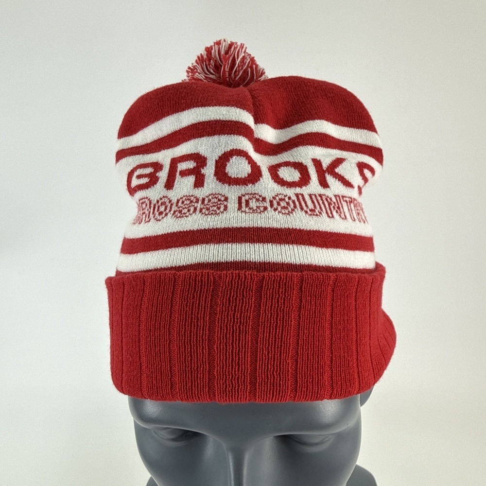 Brooks Cross Country Running Pom Knit Beanie‎ Hat Unisex Red White Logo Cuffed